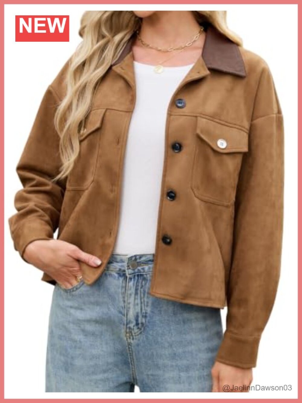 Women's Faux Suede Button Down Shacket Contrast Collar Jacket